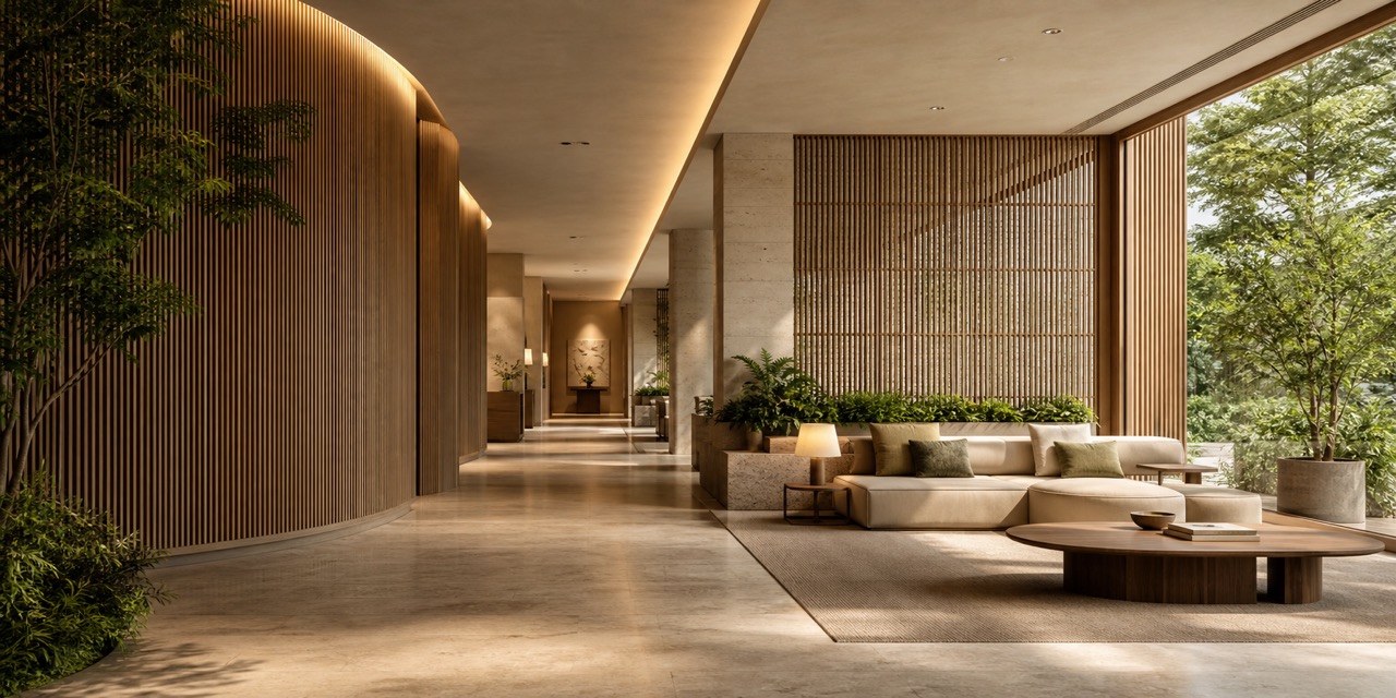 Refined hospitality interior reimagined as a wellness-centered hotel environment with calm circulation and recovery zones