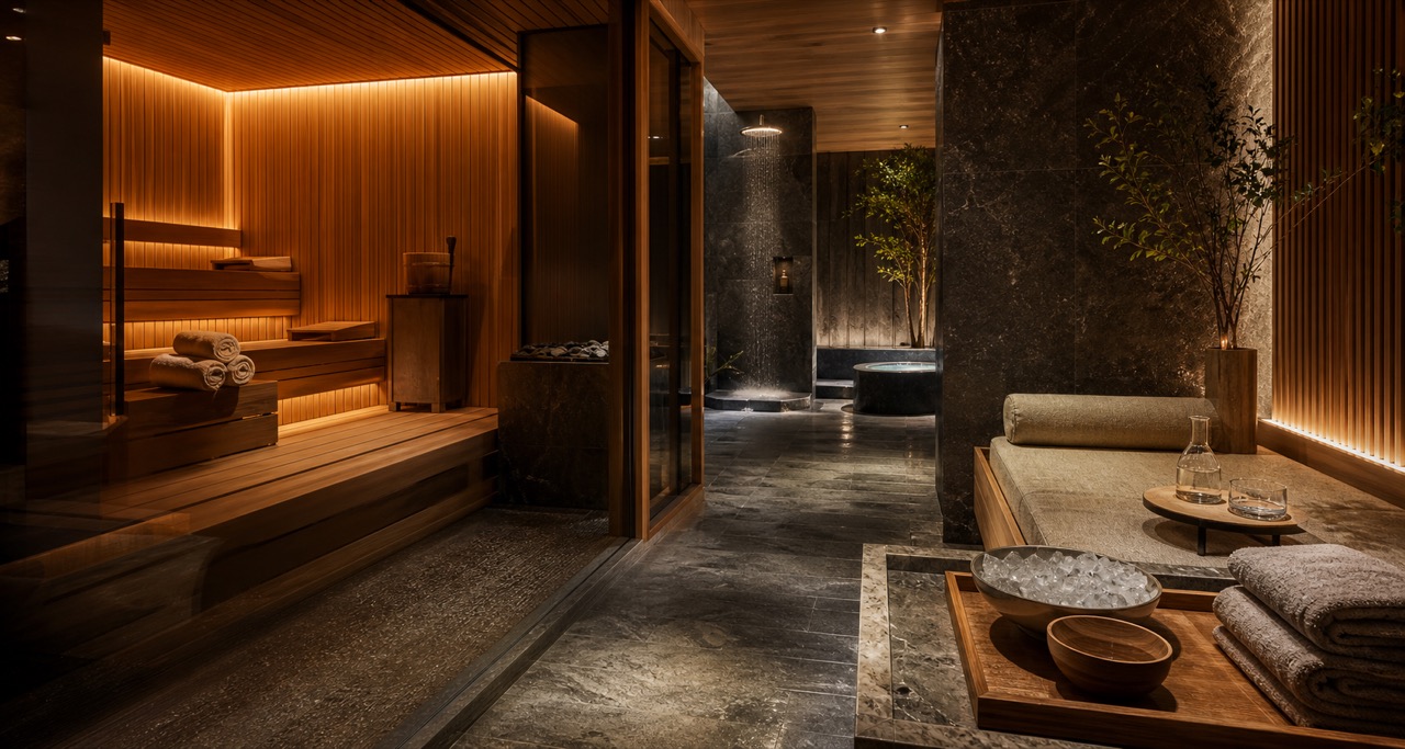 Premium hotel sauna and recovery area designed for structured heat rituals, hydration, and post-session relaxation