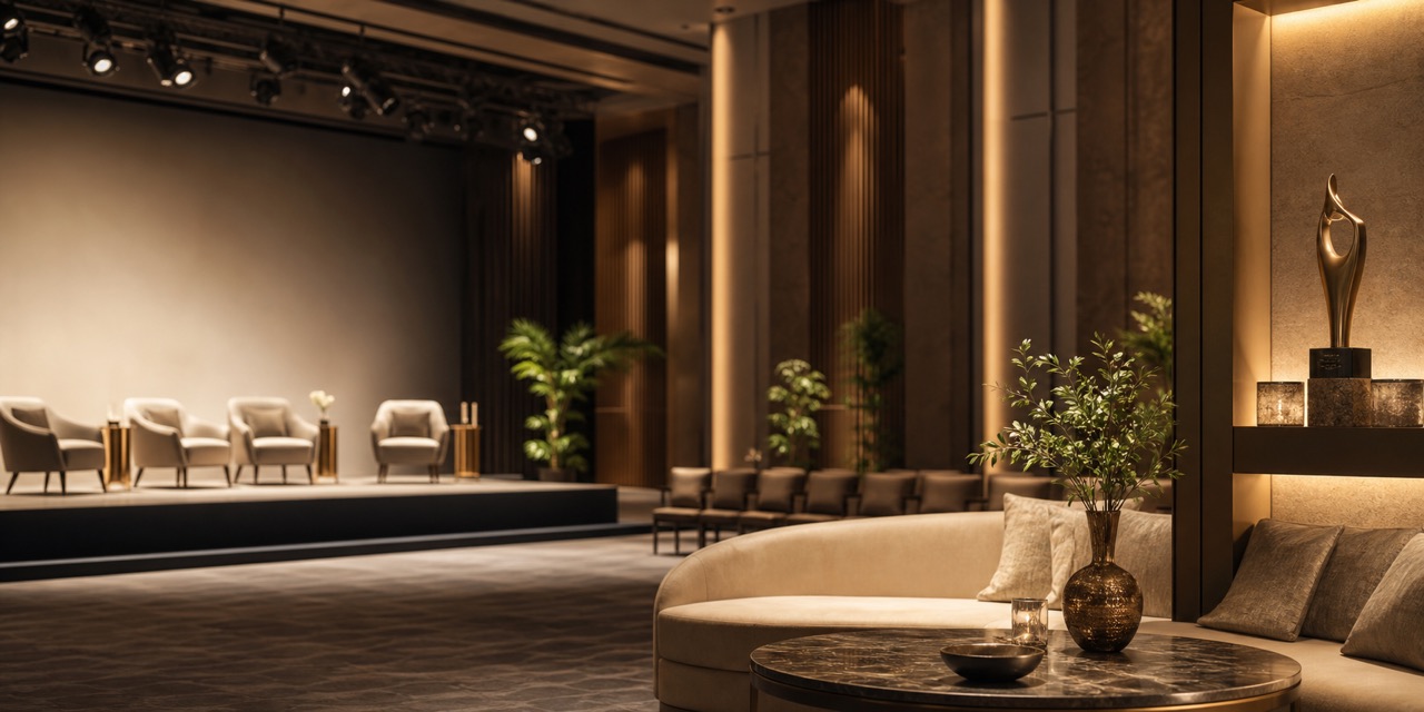 Premium spa and hospitality leadership setting with conference, awards, and professional wellness branding cues